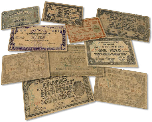 Moneda mundial de la Segunda Guerra Mundial: 10 billetes utilizados durante la Segunda Guerra Mundial por la guerrilla (Filipinas, 1941-1945): el dinero de la sentencia de muerte, certificado de autenticidad 