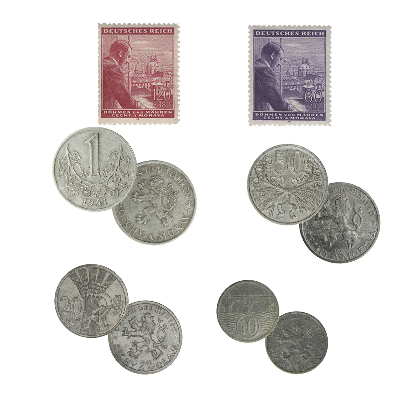 World War II - 4 coins and 2 stamps of Bohemia & Moravia 1940-1944