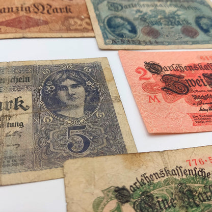 Colección Imperio Alemán de la Primera Guerra Mundial: 7 billetes emitidos entre 1914 y 1918. Certificado de autenticidad incluido. 