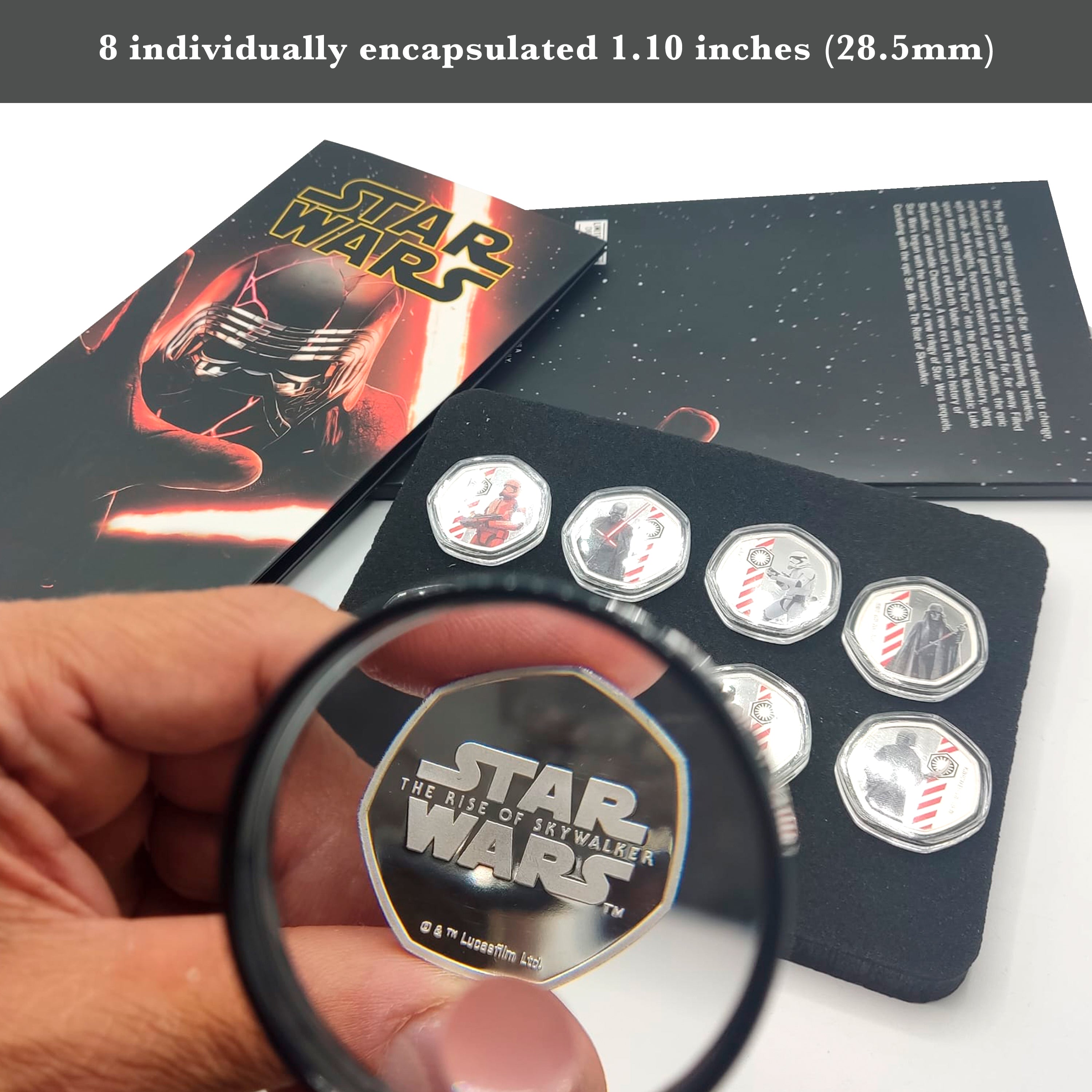 Star Wars El ascenso de Skywalker - Lado Oscuro de la Fuerza - 8 Monedas / Medallas Heptagonales 50p, con baño en Plata .999