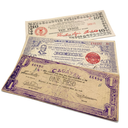 Moneda mundial de la Segunda Guerra Mundial: 3 billetes utilizados durante la Segunda Guerra Mundial por la guerrilla (Filipinas 1941-1945): el dinero de la sentencia de muerte, certificado de autenticidad incluido. 