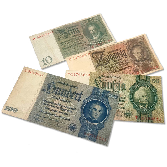 Cuatro billetes de Reichsmark alemán de la Segunda Guerra Mundial con fecha de 1929, 1929, 1933 y 1935. Incluye certificado de autenticidad. 