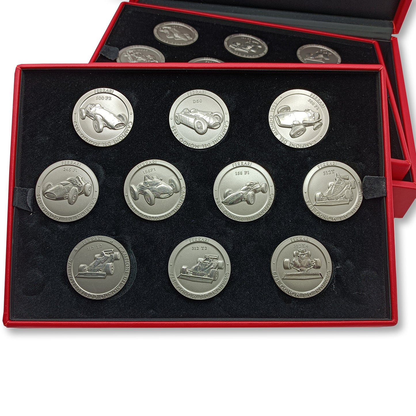 Colección de monedas Ferrari - 20 medallas oficiales de colección de Ferrari F1, campeonatos del mundo - Fabricadas en titanio - Monedas de F1 - Monedas coleccionables para coleccionistas - Monedas Ferrari 1952-2008 