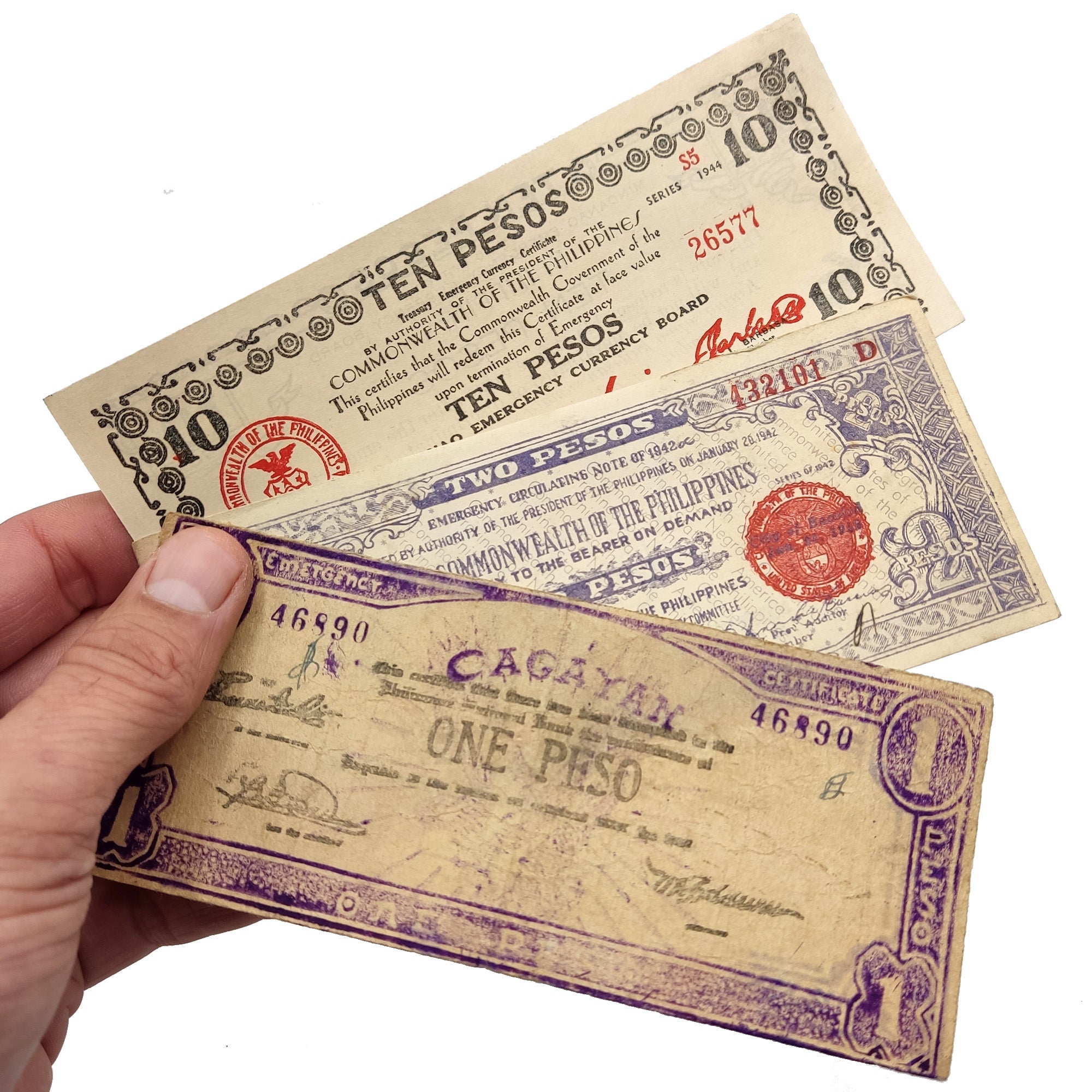 WW2 World Currency - 3 Banknotes Used During The World War 2 by The Guerrilla (Philippines 1941-1945) - The Death Sentence Money, Certificate of Authenticity Included.