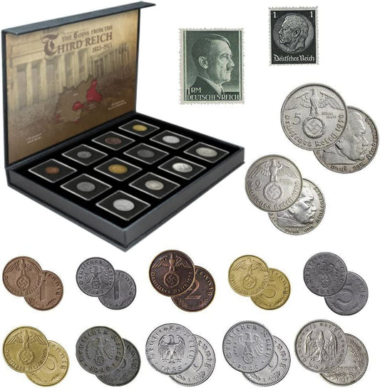 Moneda mundial de la Segunda Guerra Mundial: 12 monedas auténticas + 2 sellos utilizados durante la Segunda Guerra Mundial por el Tercer Reich entre 1939 y 1945 