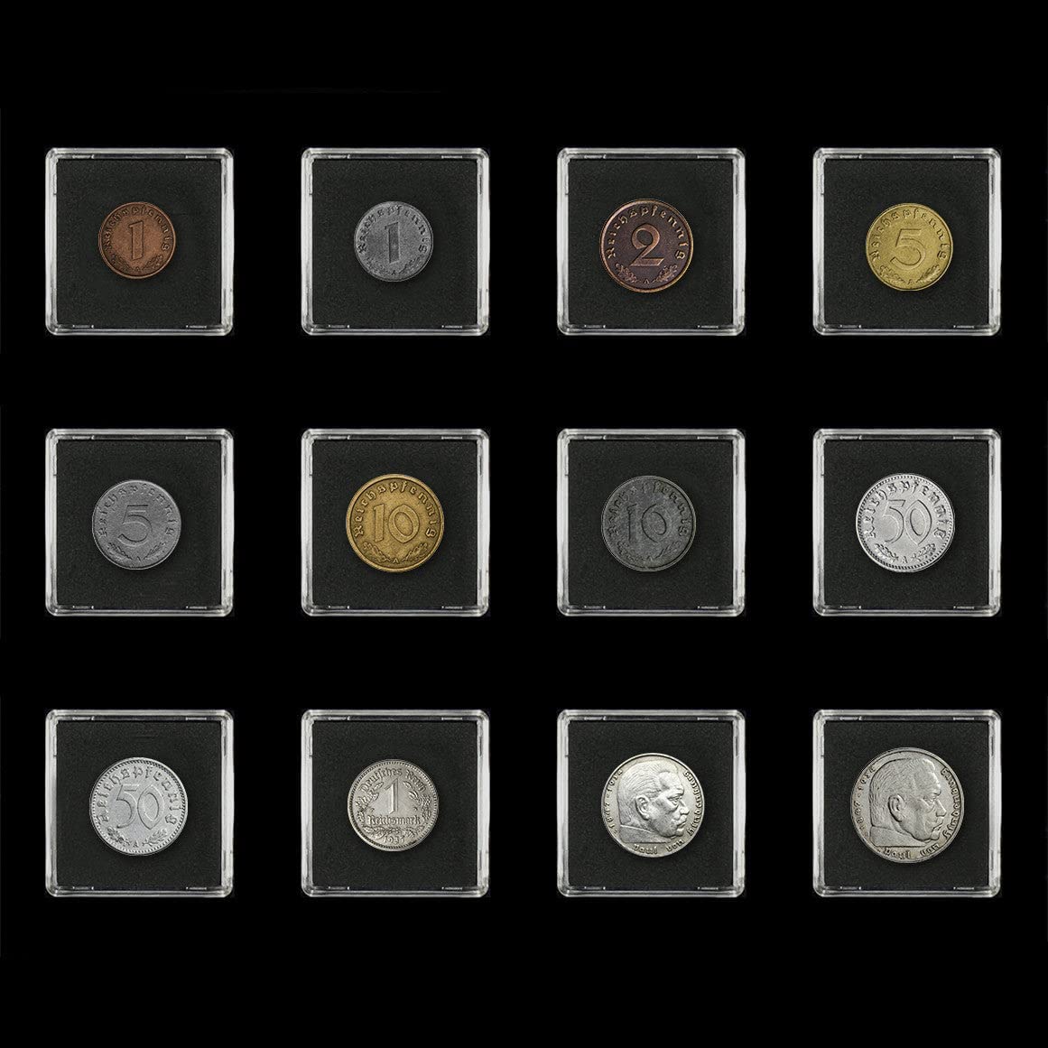 Moneda mundial de la Segunda Guerra Mundial: 12 monedas auténticas + 2 sellos utilizados durante la Segunda Guerra Mundial por el Tercer Reich entre 1939 y 1945 