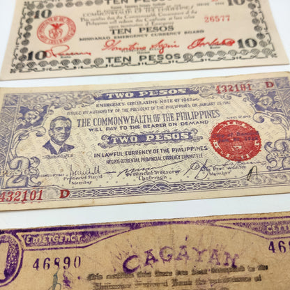 Moneda mundial de la Segunda Guerra Mundial: 3 billetes utilizados durante la Segunda Guerra Mundial por la guerrilla (Filipinas 1941-1945): el dinero de la sentencia de muerte, certificado de autenticidad incluido. 