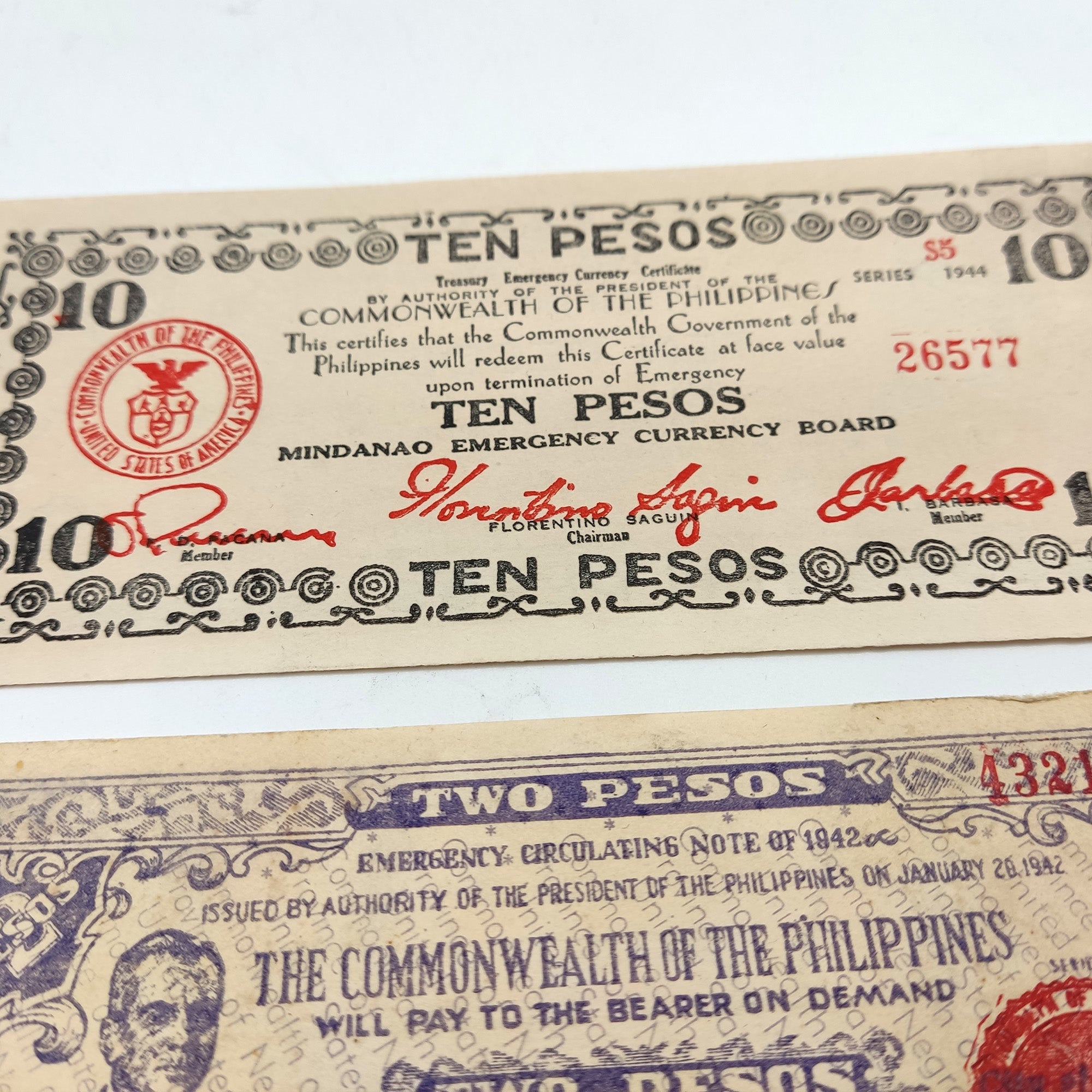 WW2 World Currency - 3 Banknotes Used During The World War 2 by The Guerrilla (Philippines 1941-1945) - The Death Sentence Money, Certificate of Authenticity Included.