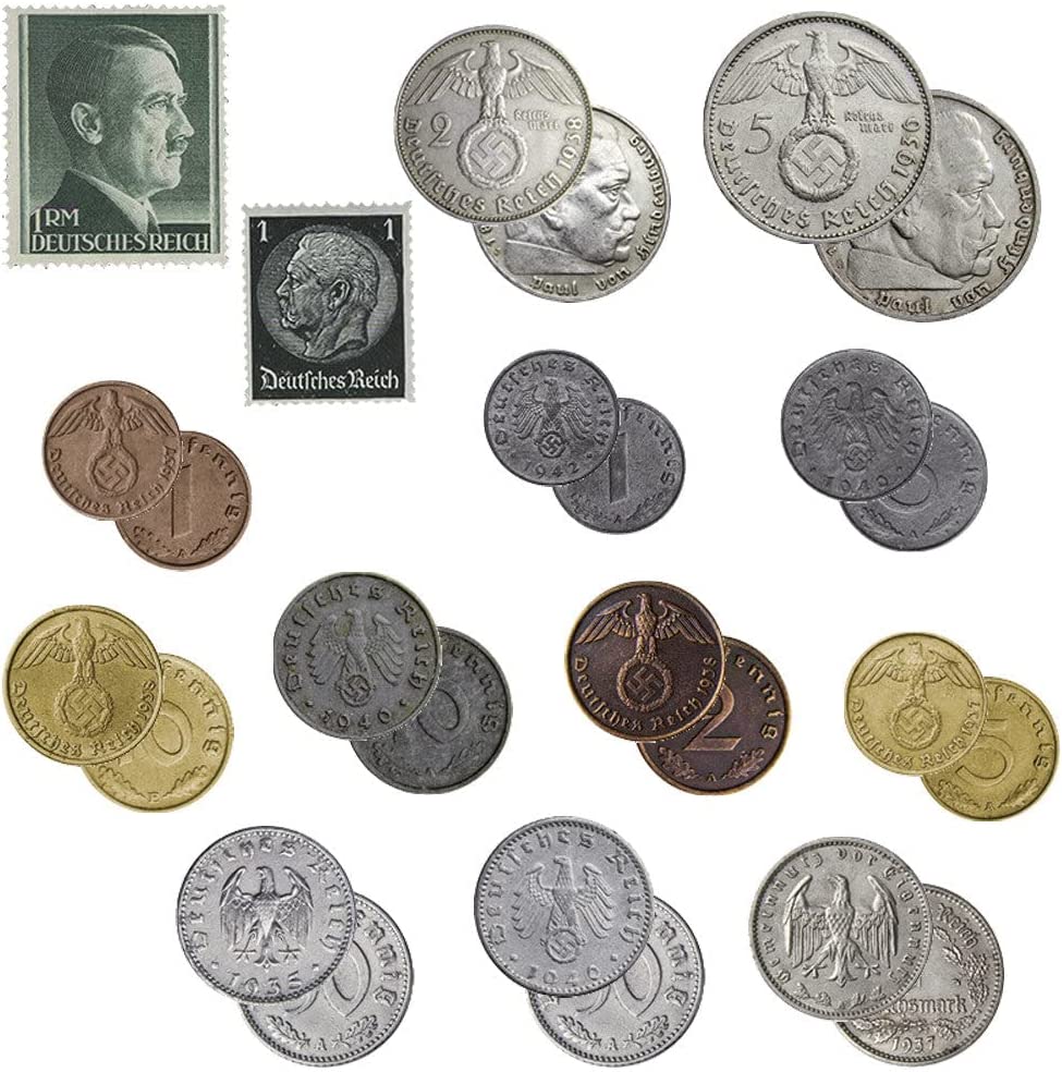 Moneda mundial de la Segunda Guerra Mundial: 12 monedas auténticas + 2 sellos utilizados durante la Segunda Guerra Mundial por el Tercer Reich entre 1939 y 1945 