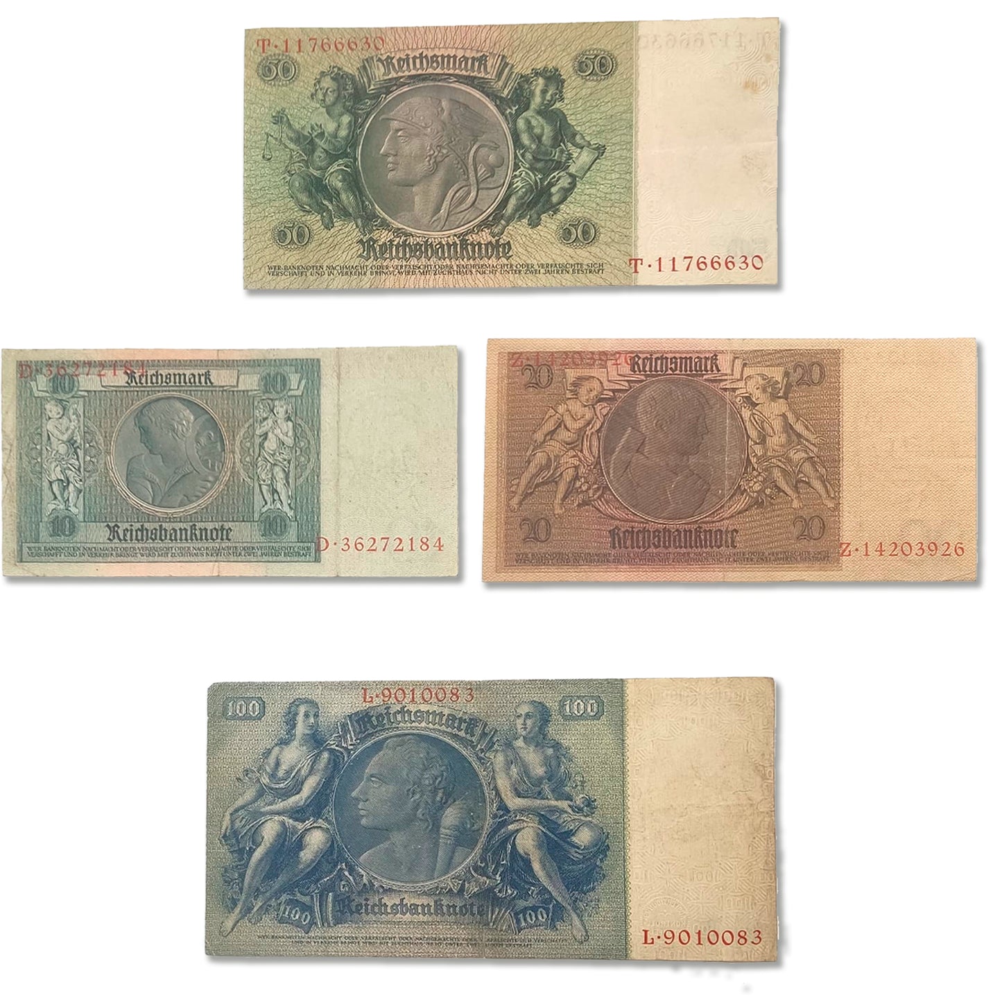 Cuatro billetes de Reichsmark alemán de la Segunda Guerra Mundial con fecha de 1929, 1929, 1933 y 1935. Incluye certificado de autenticidad. 