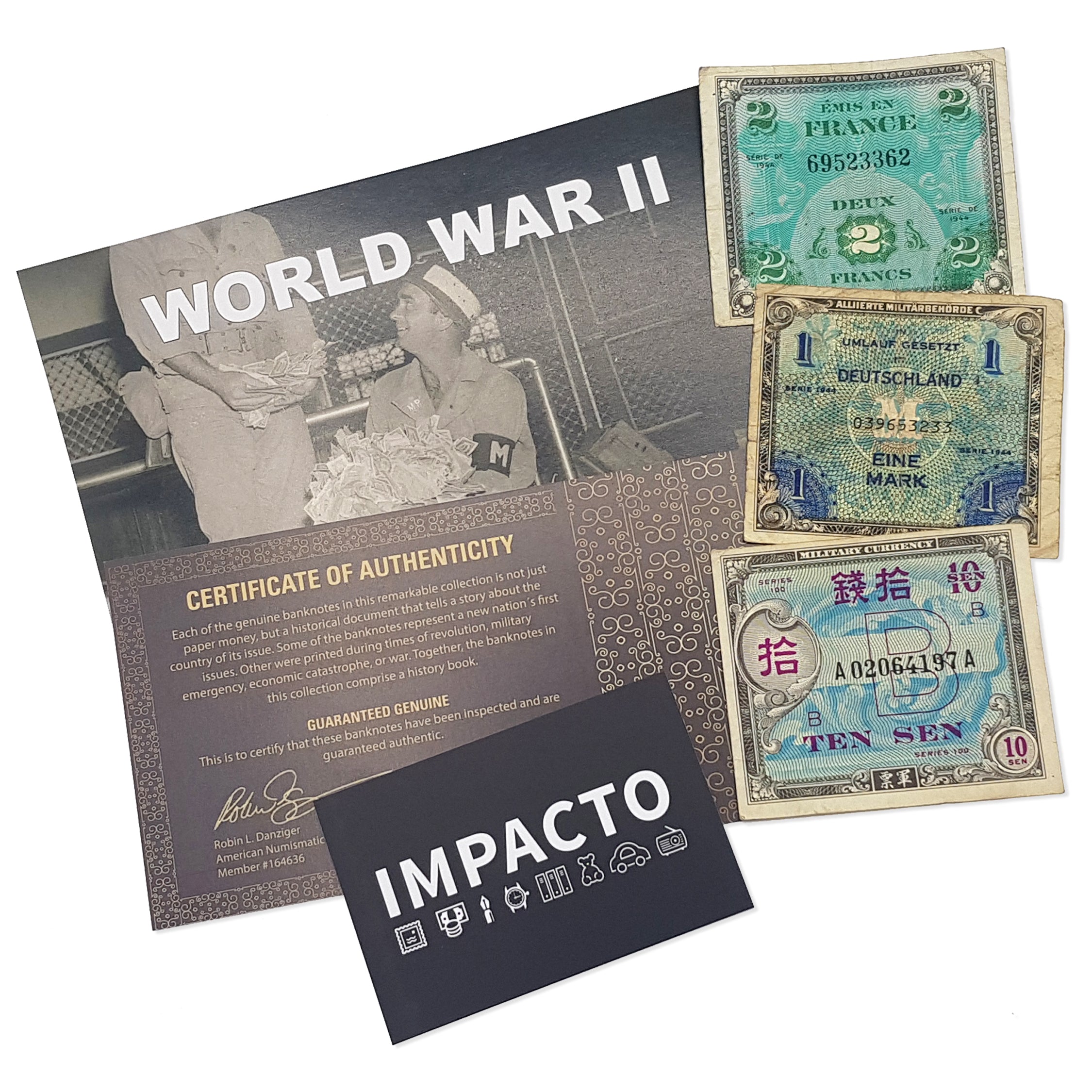 Allied Military Currency. Second World War - 3 banknotes from Germany, France and Japan, Allied Occupied Countries. Certificate of Authenticity Included