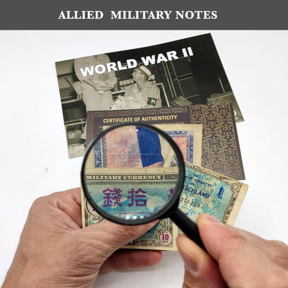 Allied Military Currency. Second World War - 3 banknotes from Germany, France and Japan, Allied Occupied Countries. Certificate of Authenticity Included