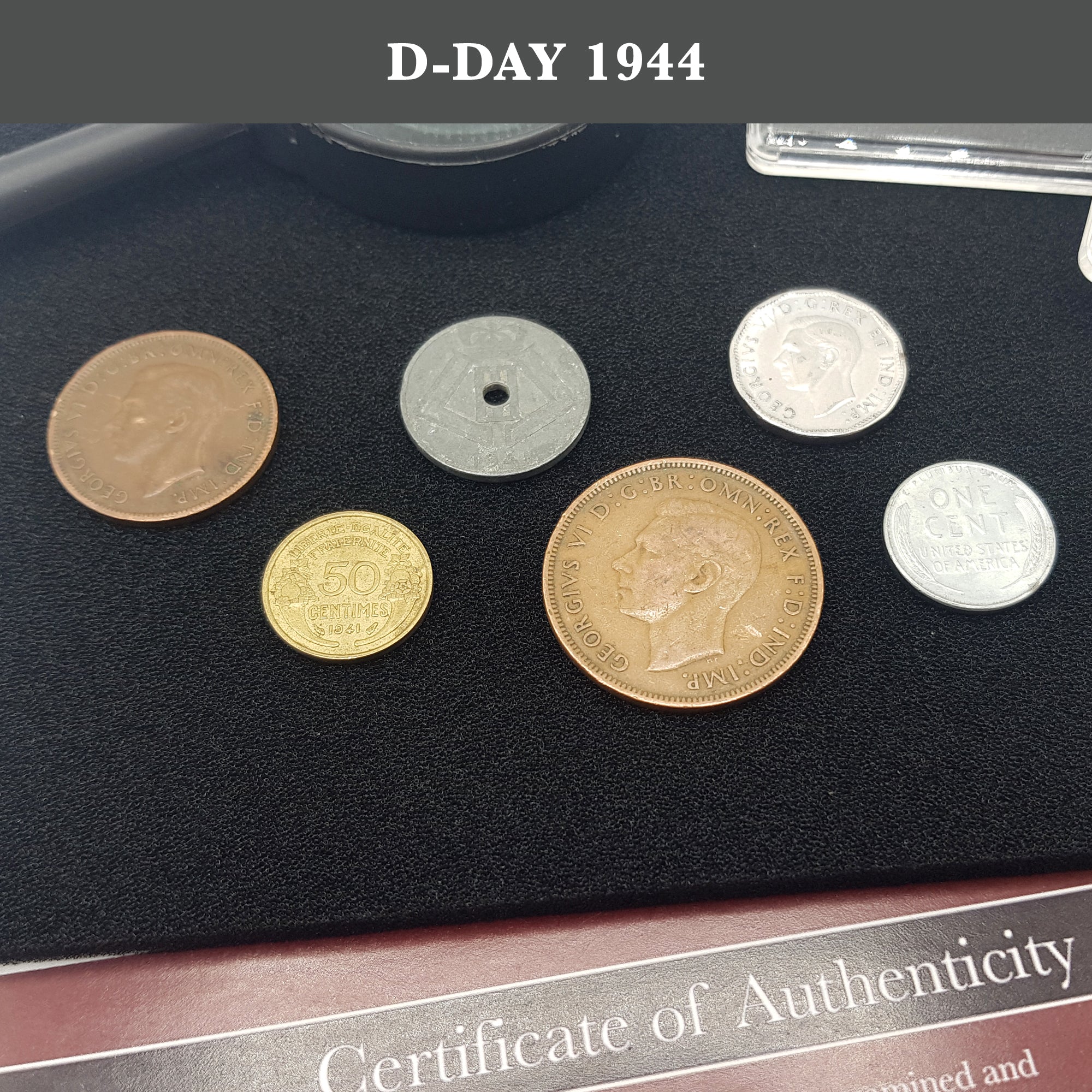 WW2 World Currency - 6 Coins Used During The World War 2, D-Day Collection (1944). Special WW2 Memorabilia for Collector, Certificate of Authenticity Included.