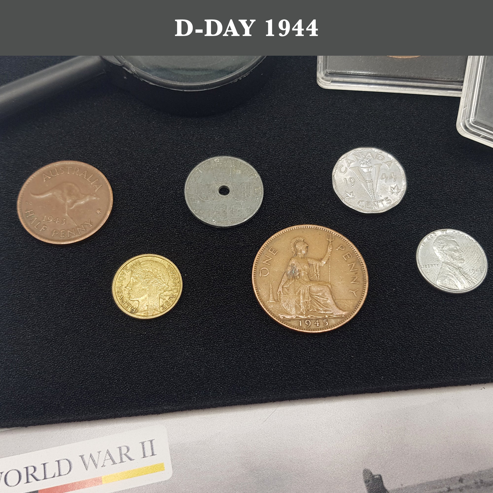 WW2 World Currency - 6 Coins Used During The World War 2, D-Day Collection (1944). Special WW2 Memorabilia for Collector, Certificate of Authenticity Included.