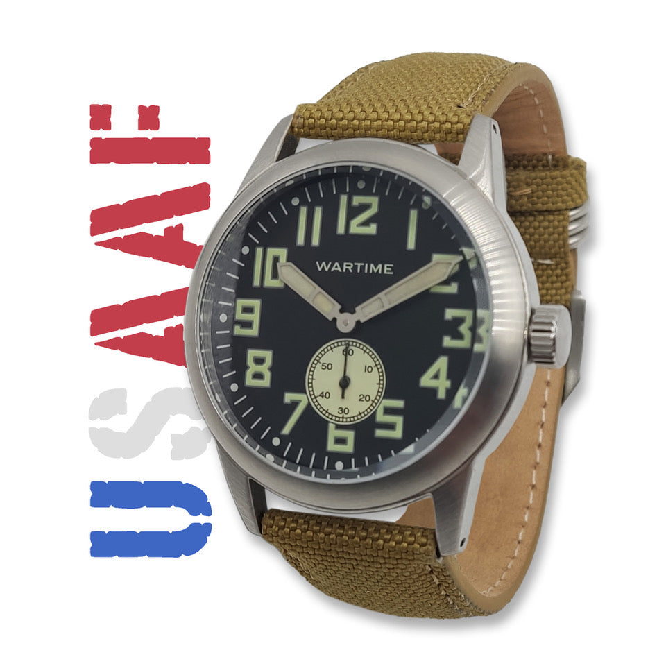 WW2 Military Watch – Vintage USAAF Watch Black, Swiss-Quartz Movement with Canvas strap and leather lining, 10 ATM Water Resistant. The Perfect WW2 Memorabilia. Mens Watches for Ever