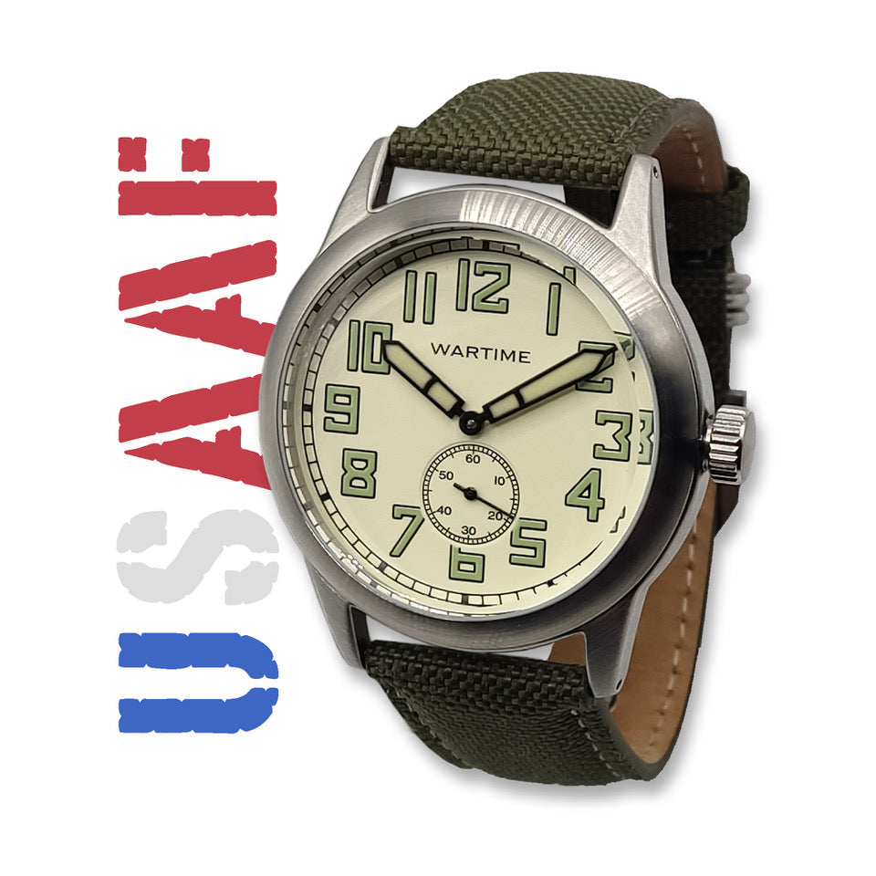 WW2 Military Watch – Vintage USAAF Watch White, Swiss-Quartz Movement with Canvas strap and leather lining, 10 ATM Water Resistant. The Perfect WW2 Memorabilia. Mens Watches for Ever