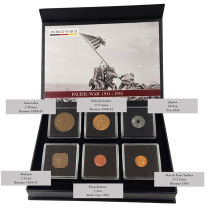 WW2 World Currency - 6 Coins Used During The World War 2 in The Pacific, The Pearl Harbor Collection (1938-1945). Special WW2 Memorabilia for Collector, Certificate of Authenticity Included.