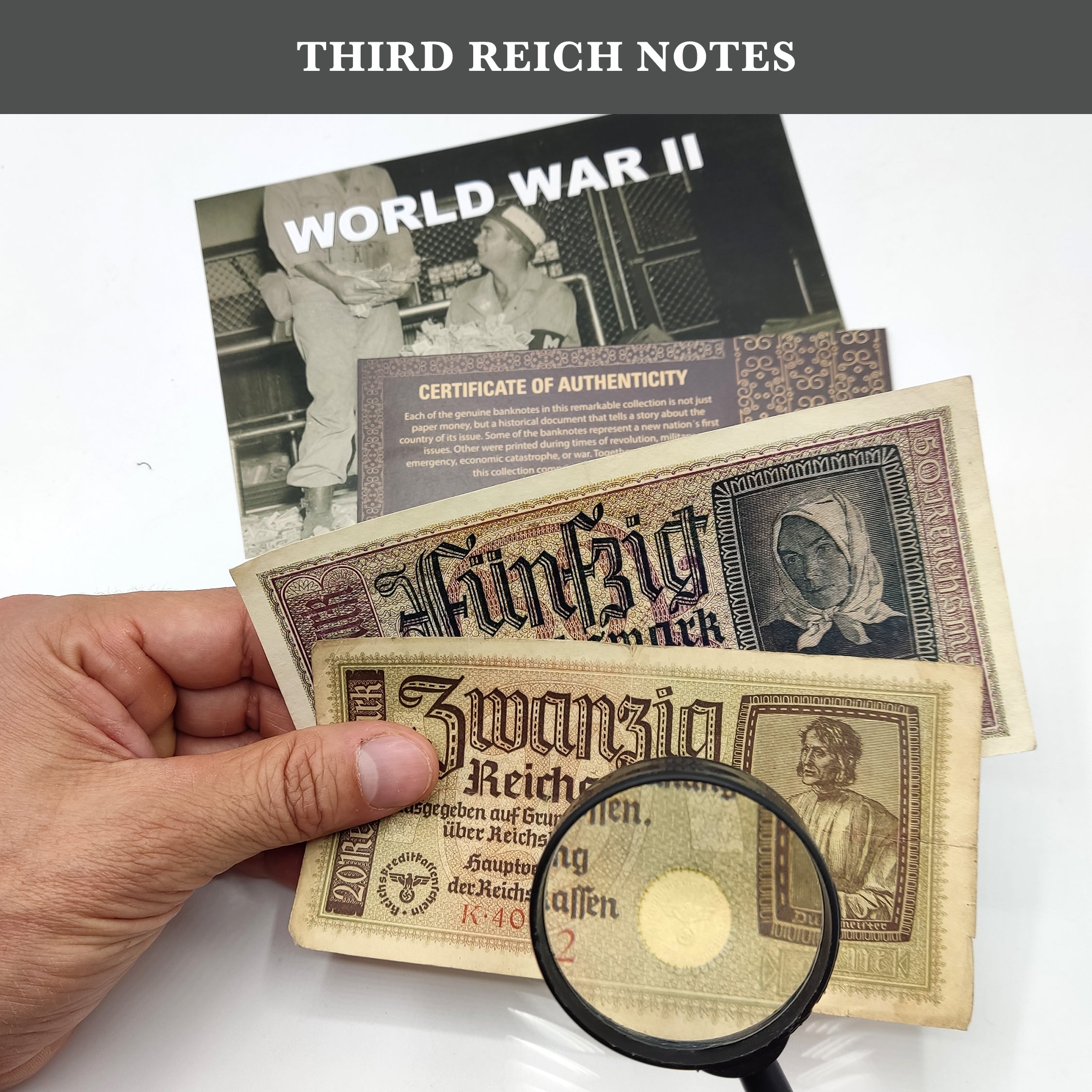 Erinnerungsstücke aus dem 2. Weltkrieg – Weltwährung – 2 Banknoten, die während des 2. Weltkriegs von deutschen Truppen verwendet wurden (1939–42) – Geld des Dritten Reichs, Echtheitszertifikat enthalten. 