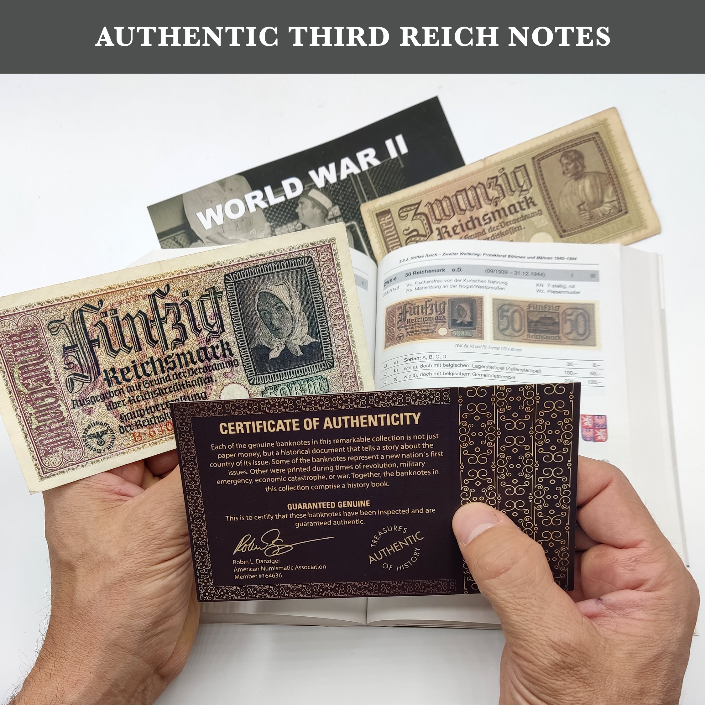 Erinnerungsstücke aus dem 2. Weltkrieg – Weltwährung – 2 Banknoten, die während des 2. Weltkriegs von deutschen Truppen verwendet wurden (1939–42) – Geld des Dritten Reichs, Echtheitszertifikat enthalten. 