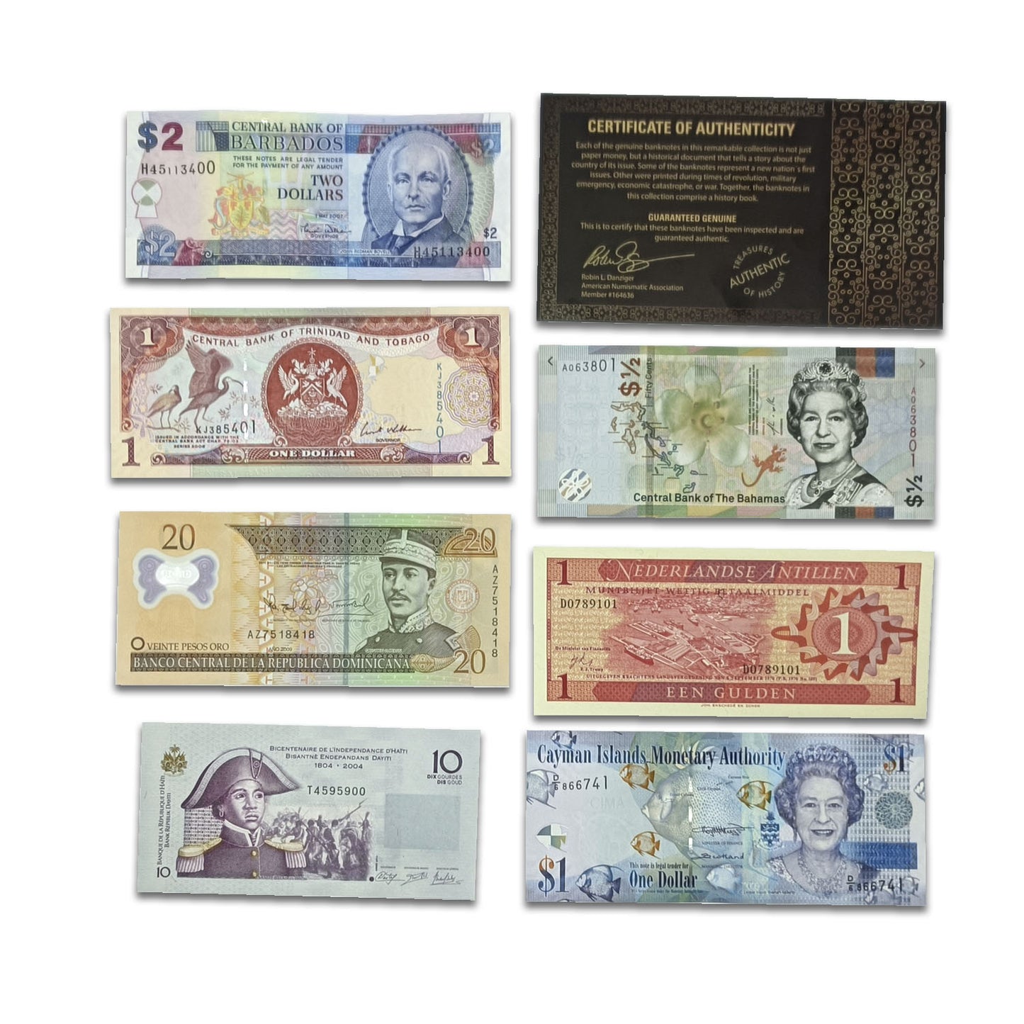 Papel moneda mundial - 7 billetes del Caribe 