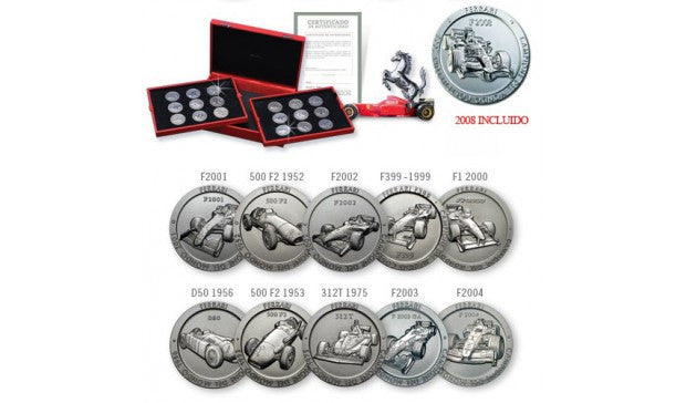 Colección de monedas Ferrari - 20 medallas oficiales de colección de Ferrari F1, campeonatos del mundo - Fabricadas en titanio - Monedas de F1 - Monedas coleccionables para coleccionistas - Monedas Ferrari 1952-2008 