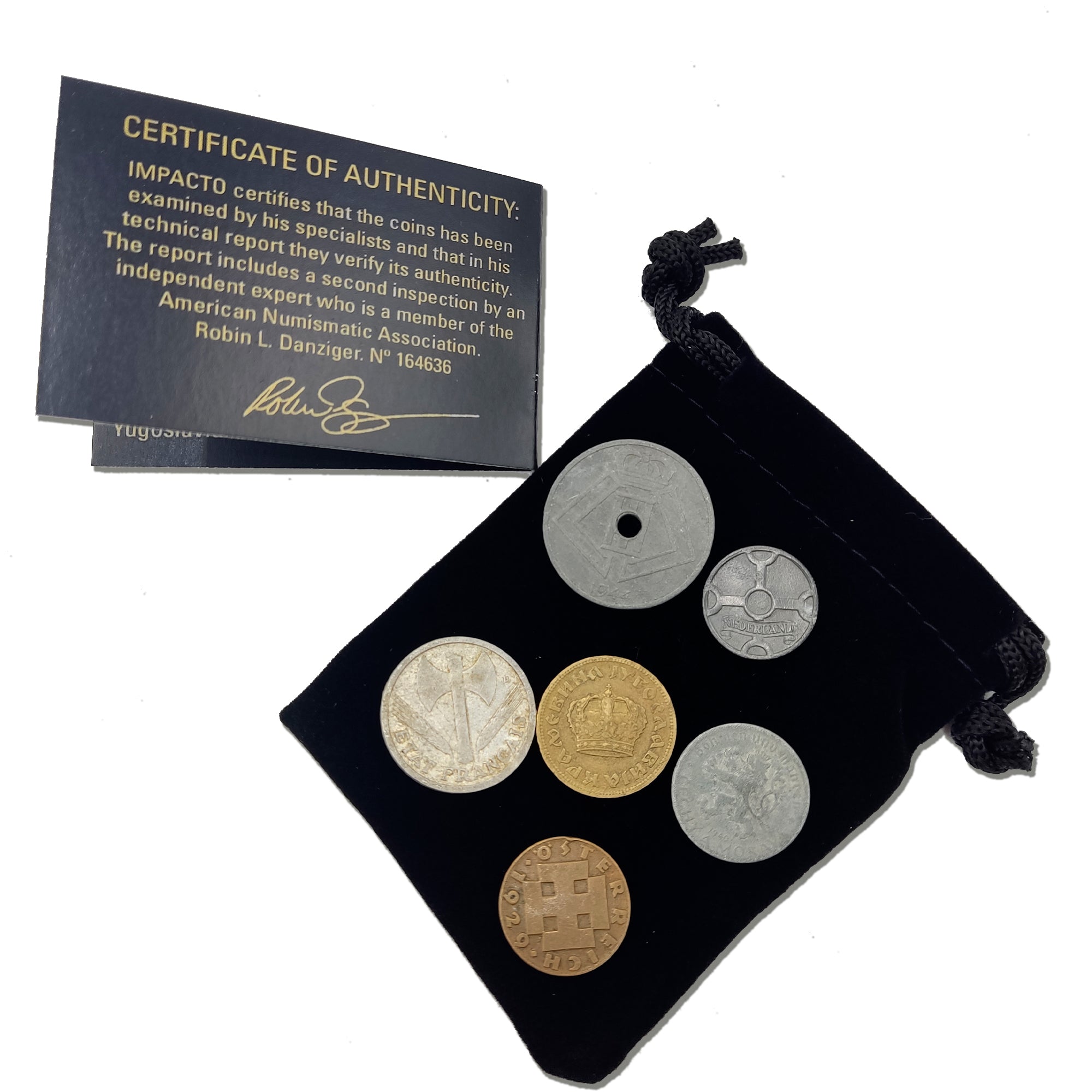 WW2 World Currency - 6 Coins Used During The World War 2 by The Germans in The Territories They Occupied (1925-1945). Special WW2 Memorabilia for Collector, Certificate of Authenticity Included.